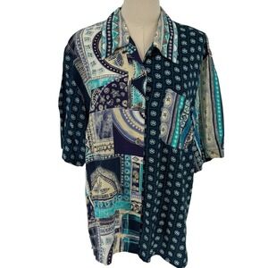 SK & Company Button Up Shirt Navy Teal 100%‎ Rayon Patchwork Print Size 12